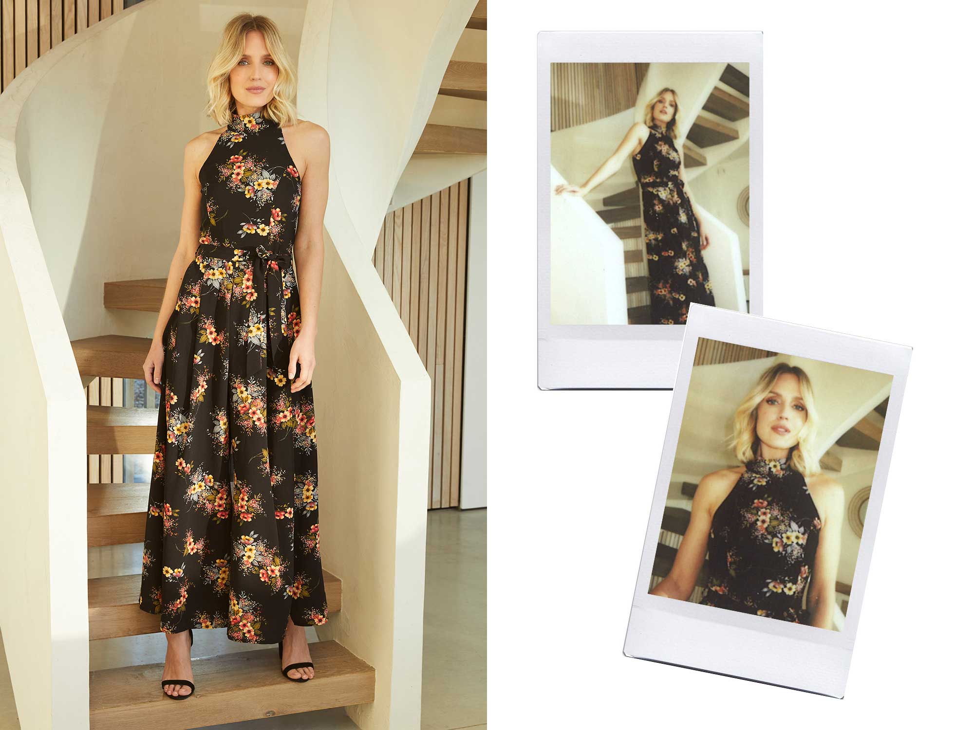 FLORAL SLEEVELESS SPLIT LEG JUMPSUIT IN BLACK