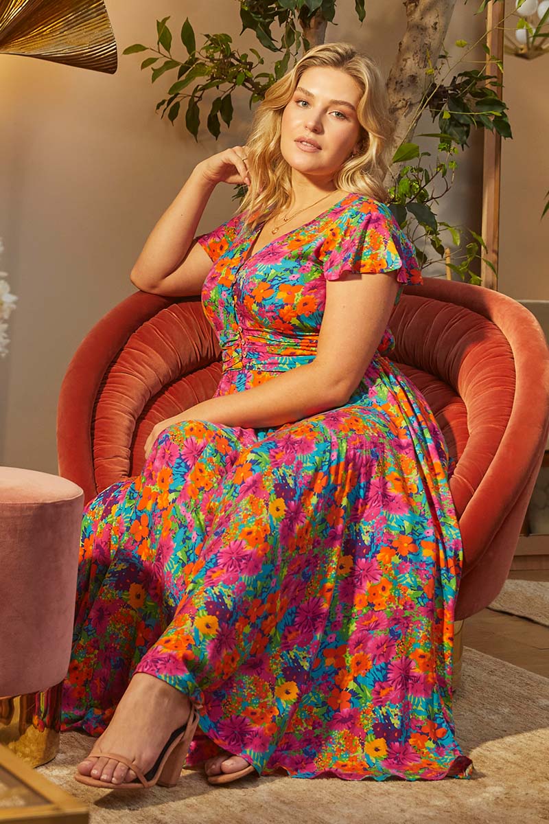 FLORAL RUCHED FRONT MAXI DRESS