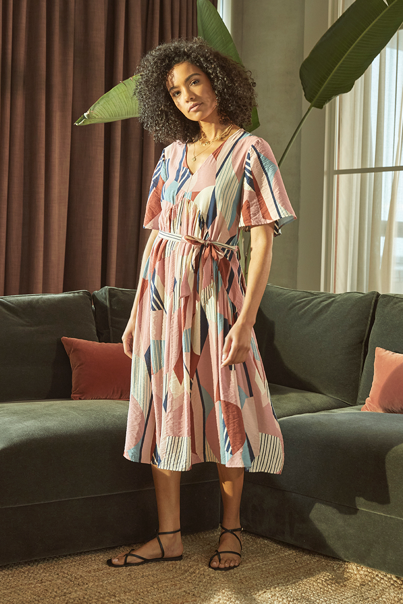 GEO PRINT TIE WAIST MIDI DRESS