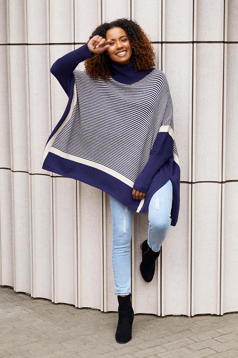 STRIPED ROLL NECK KNIT PONCHO