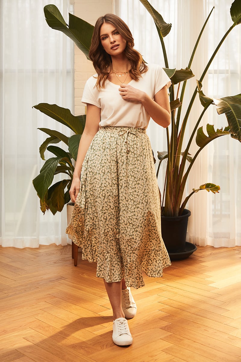 DITSY FLORAL TIE WAIST MIDI SKIRT