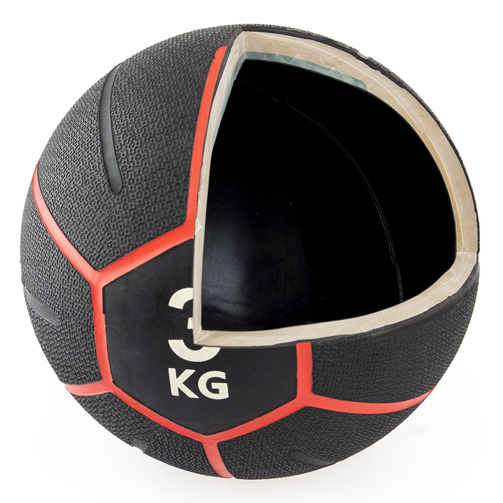 Introducing the "Sale Item" Commercial Medicine Ball Set 24kg: This black medicine ball with red accents, marked with "3 KG," boasts a durable rubber shell and a distinctive wedge cutout that exposes its inner material. Perfectly crafted for commercial-grade workouts, it promises durability and consistent performance even during the most intense training sessions.