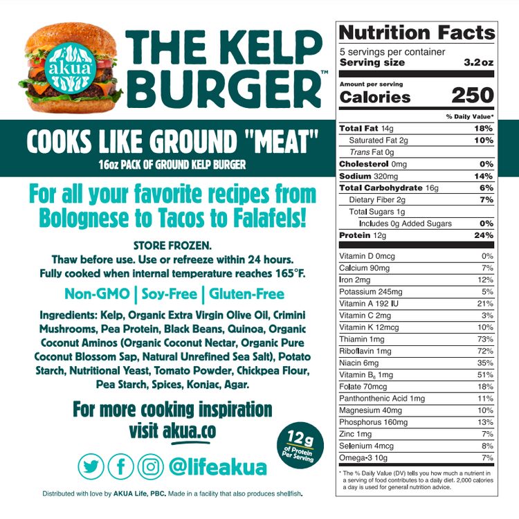 Kelp burger summary and nutritional facts. See previous table for text alternative of nutritional facts.