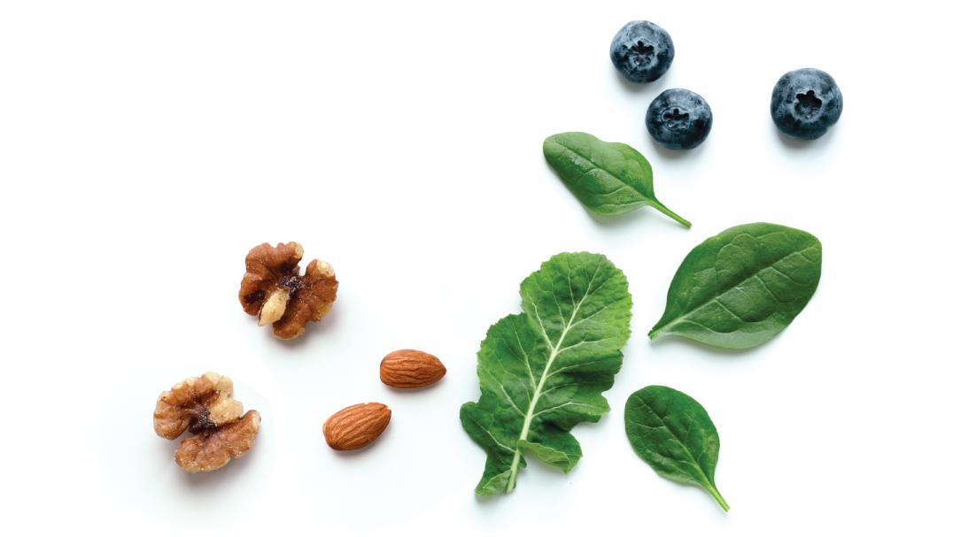 Nuts, greens, and blueberries