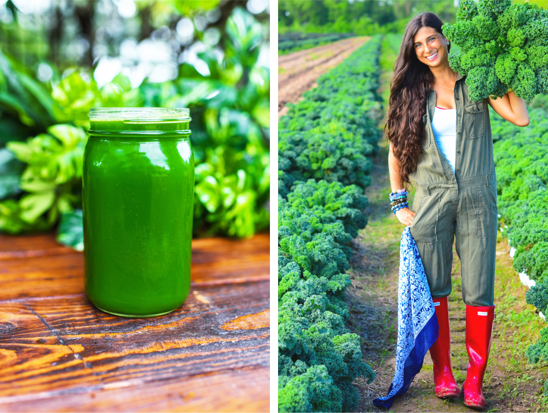 Mason jar filled with green juice and Kristina satnding in her garde holding a big bunch of kale