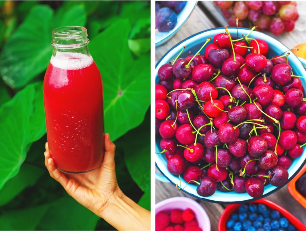 A jar of red juice and a bowl of cherries