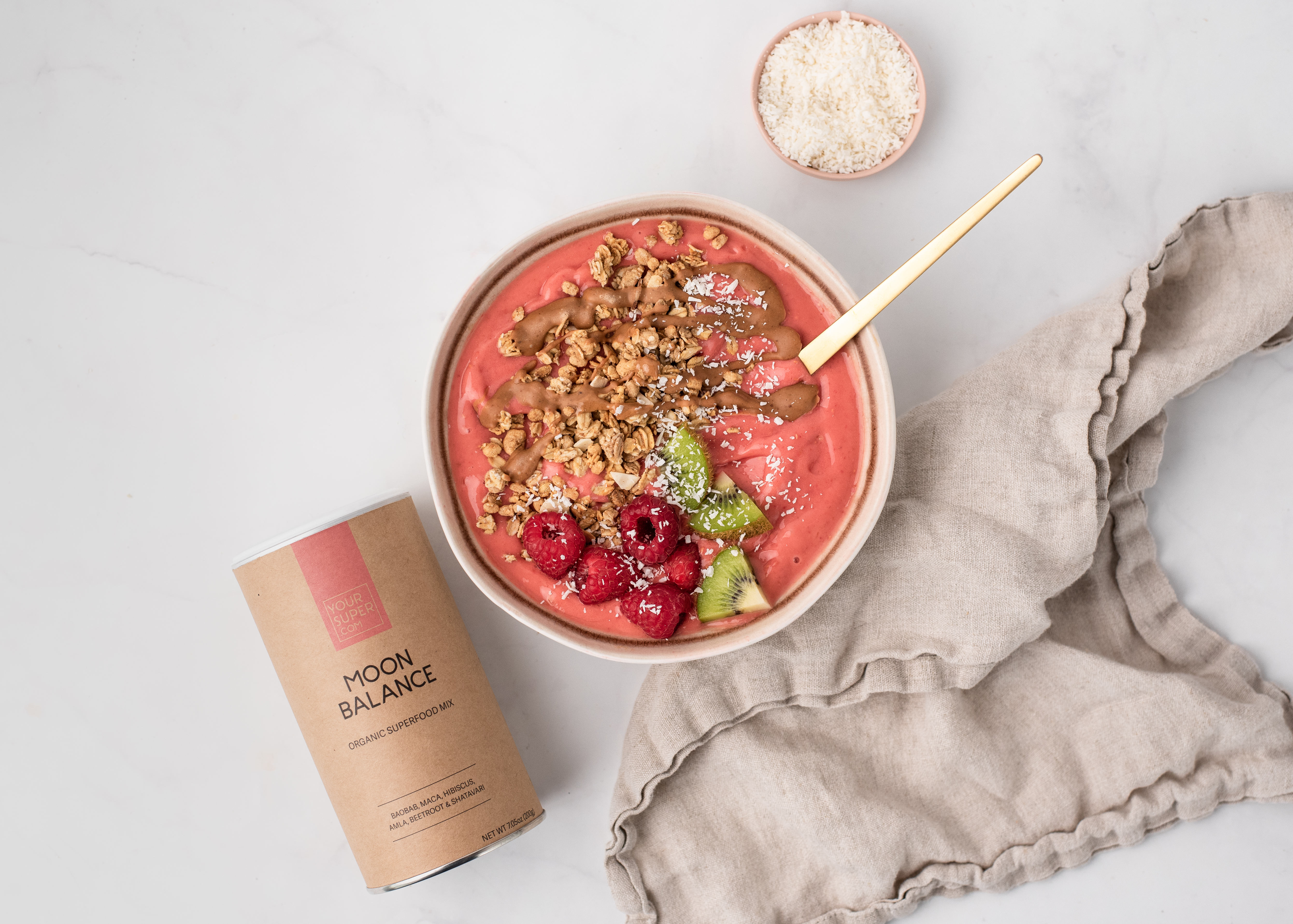 raspberry mango smoothie bowl with shatavari