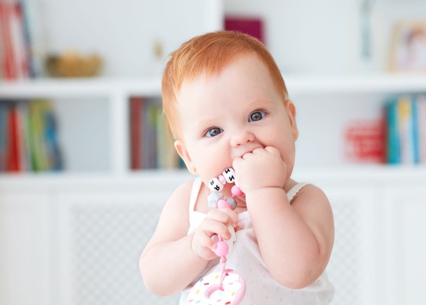 A teething baby girl puts her fist in her mouth to help soothe her teething pains.