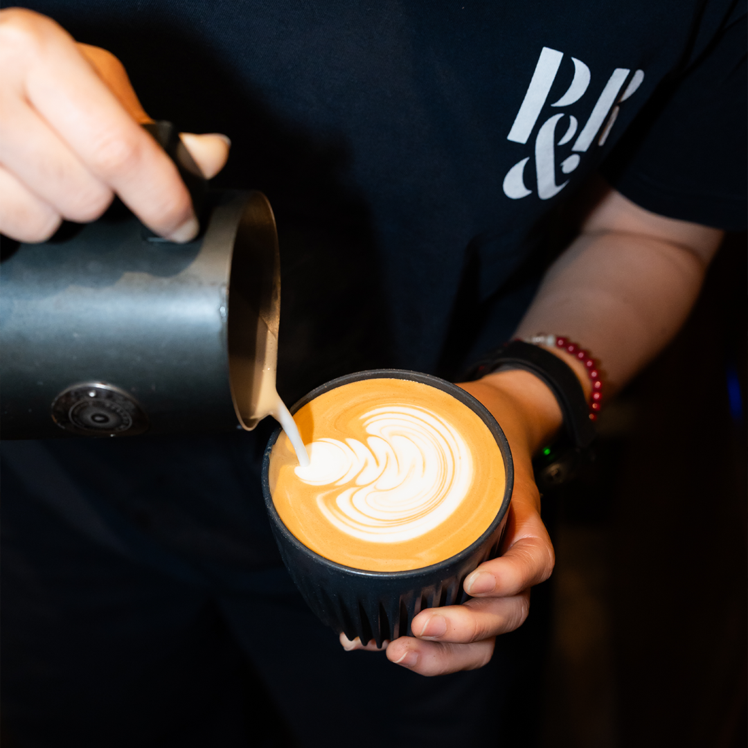 Freshly brewed P&R Coffee with latte art