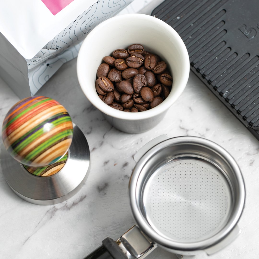 coffee beans, portafilter and scale