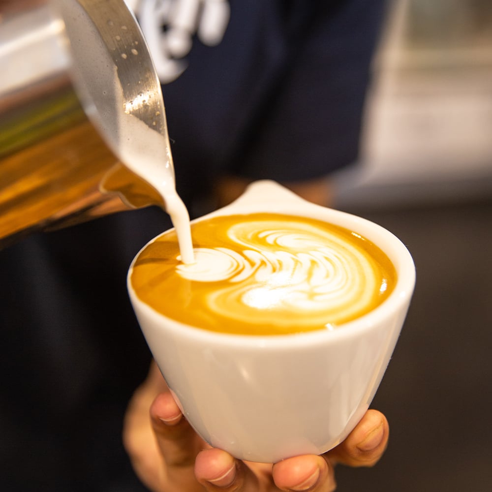 Freshly brewed P&R Coffee with latte art