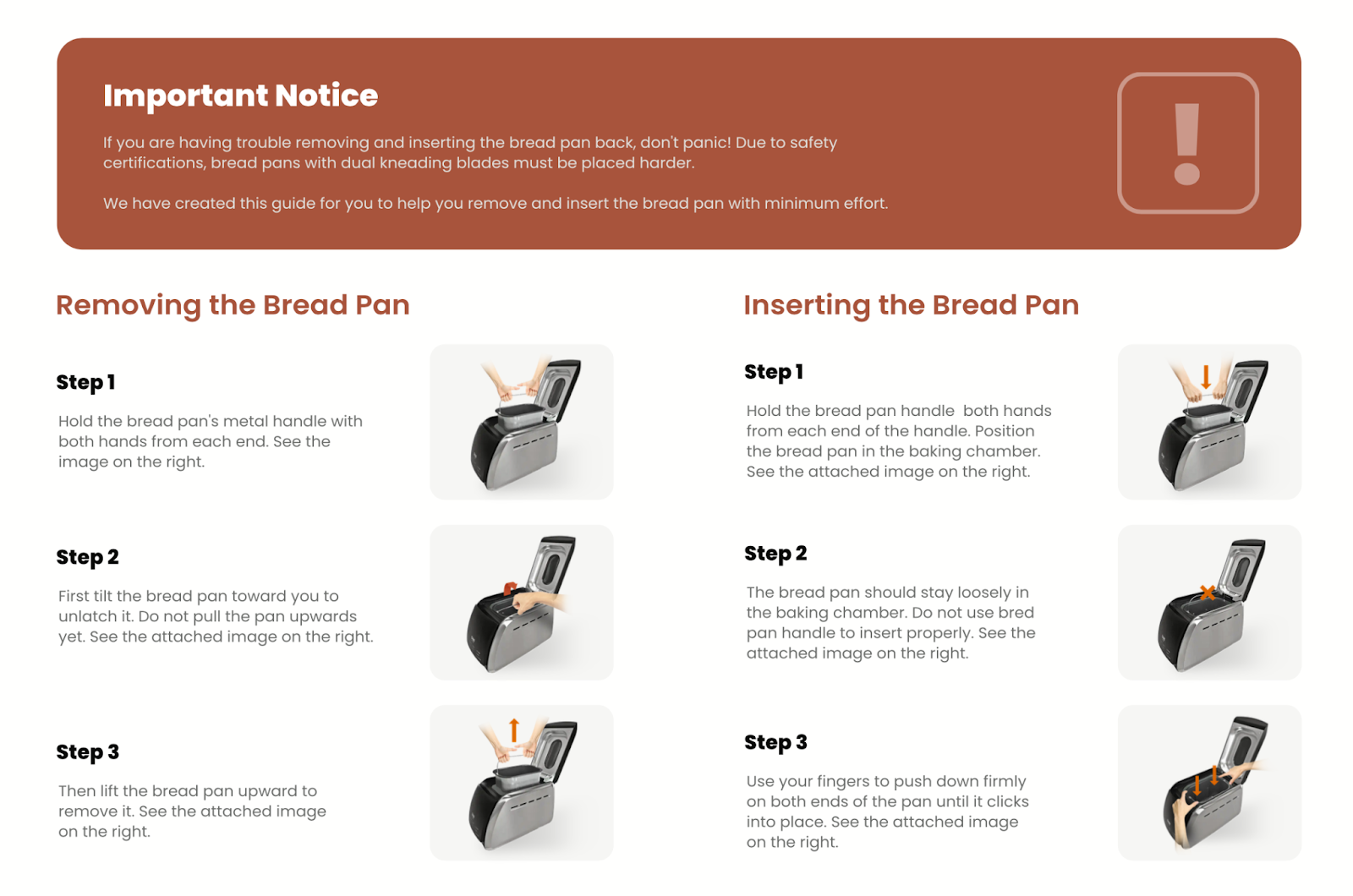This image shows how to insert and remove the SAKI Bread Maker Bread Pan.