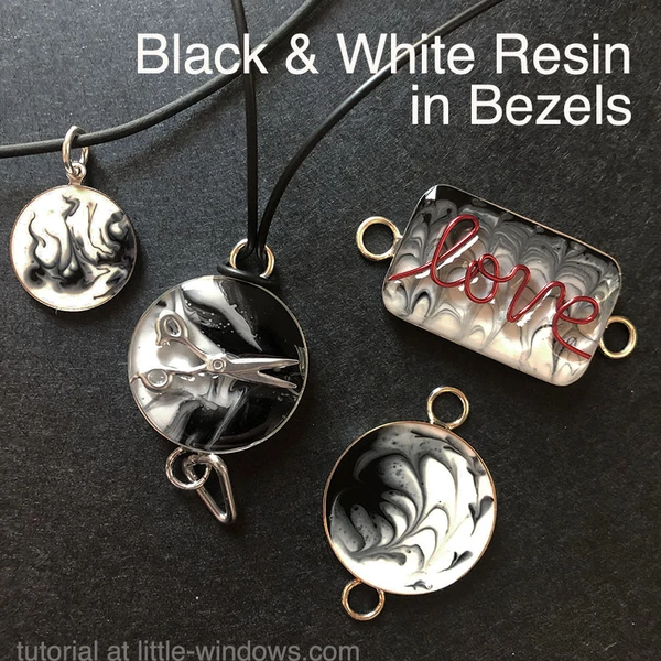 resin craft jewelry black white bezel art resin marbled