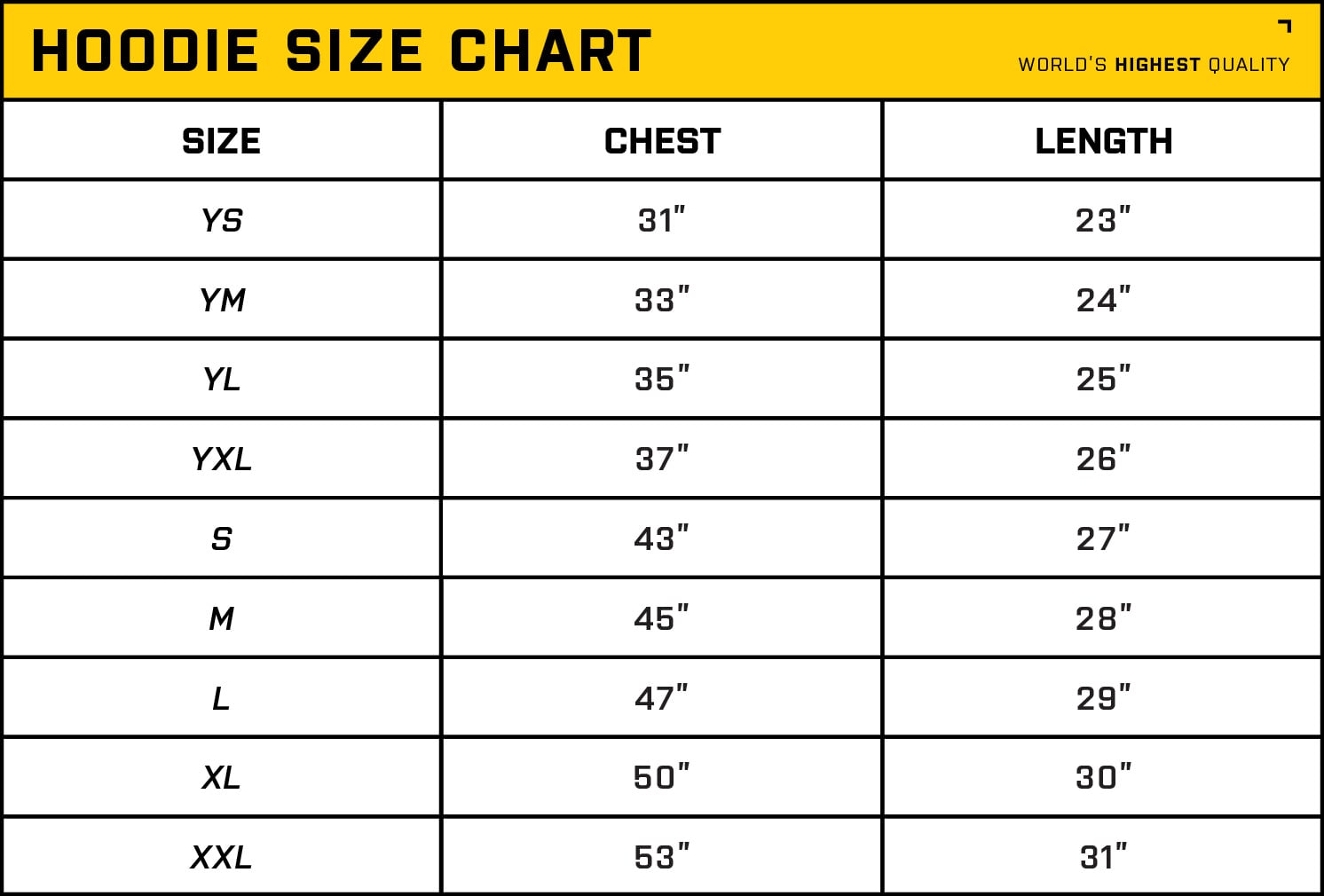 Hoodie Size Chart