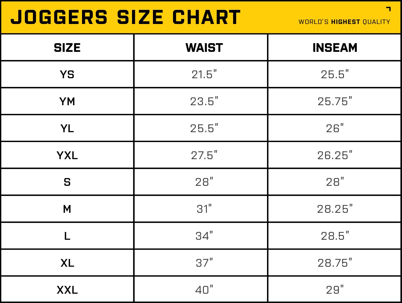 Joggers Sizing Chart