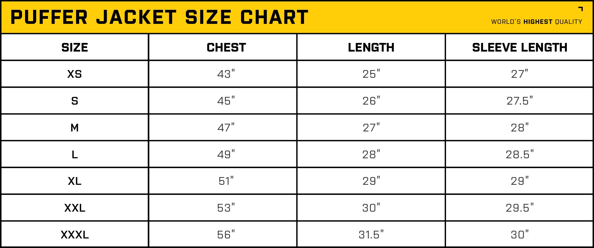 Puffer Jacket Size Chart