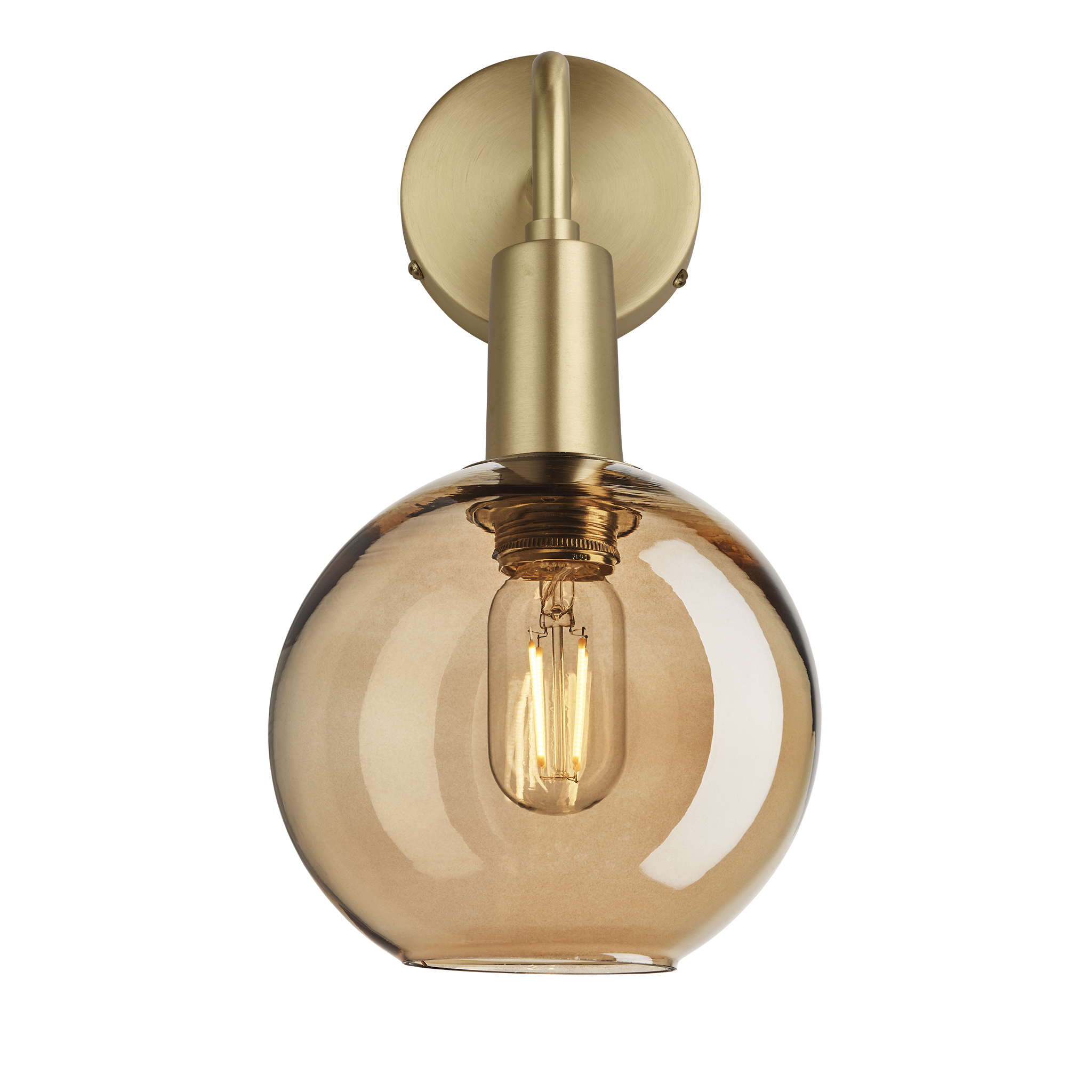 Sleek Tinted Glass Globe Wall Light - 7 Inch - Amber - Brass Holder 
