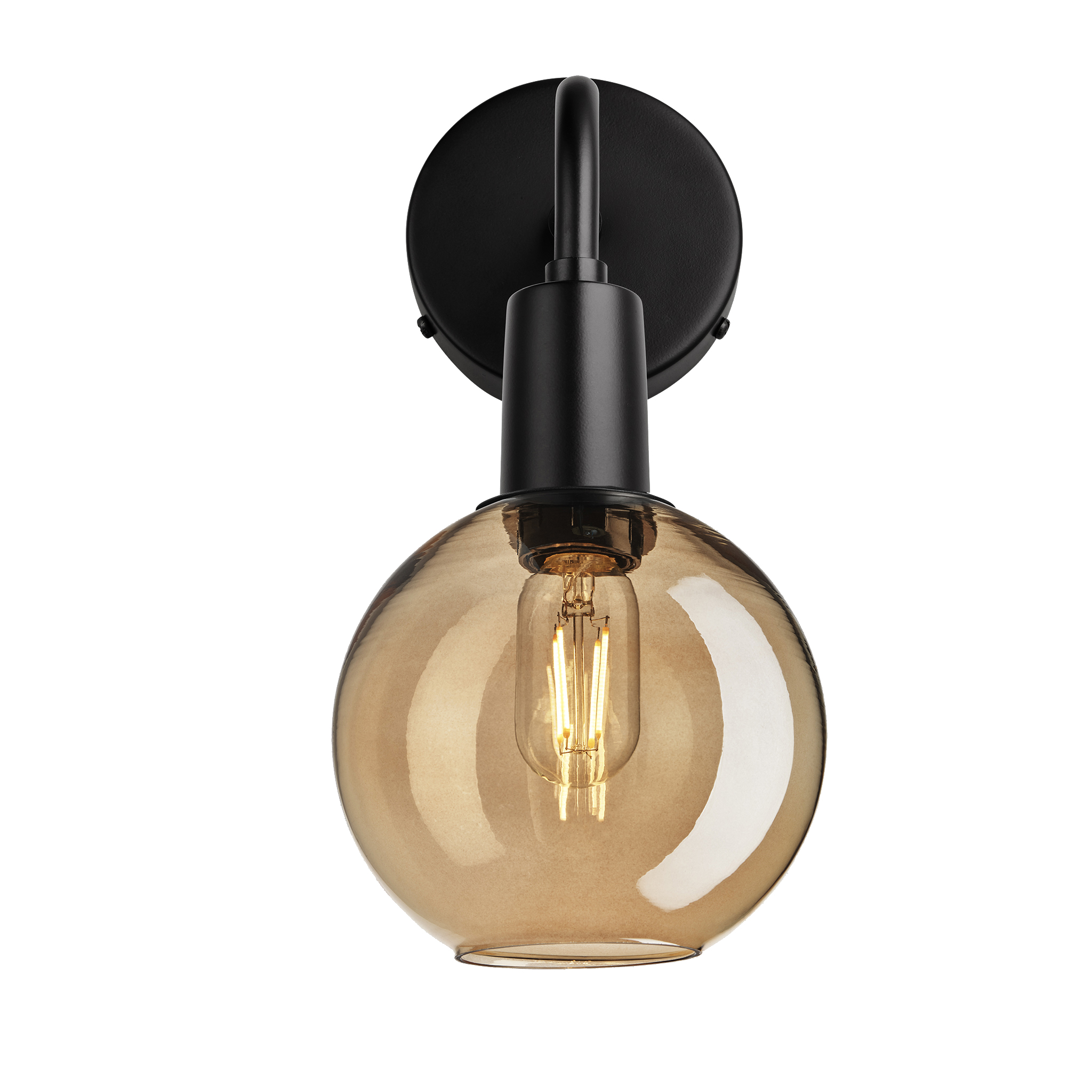 Sleek Tinted Glass Globe Wall Light - 7 Inch - Amber - Black Holder 