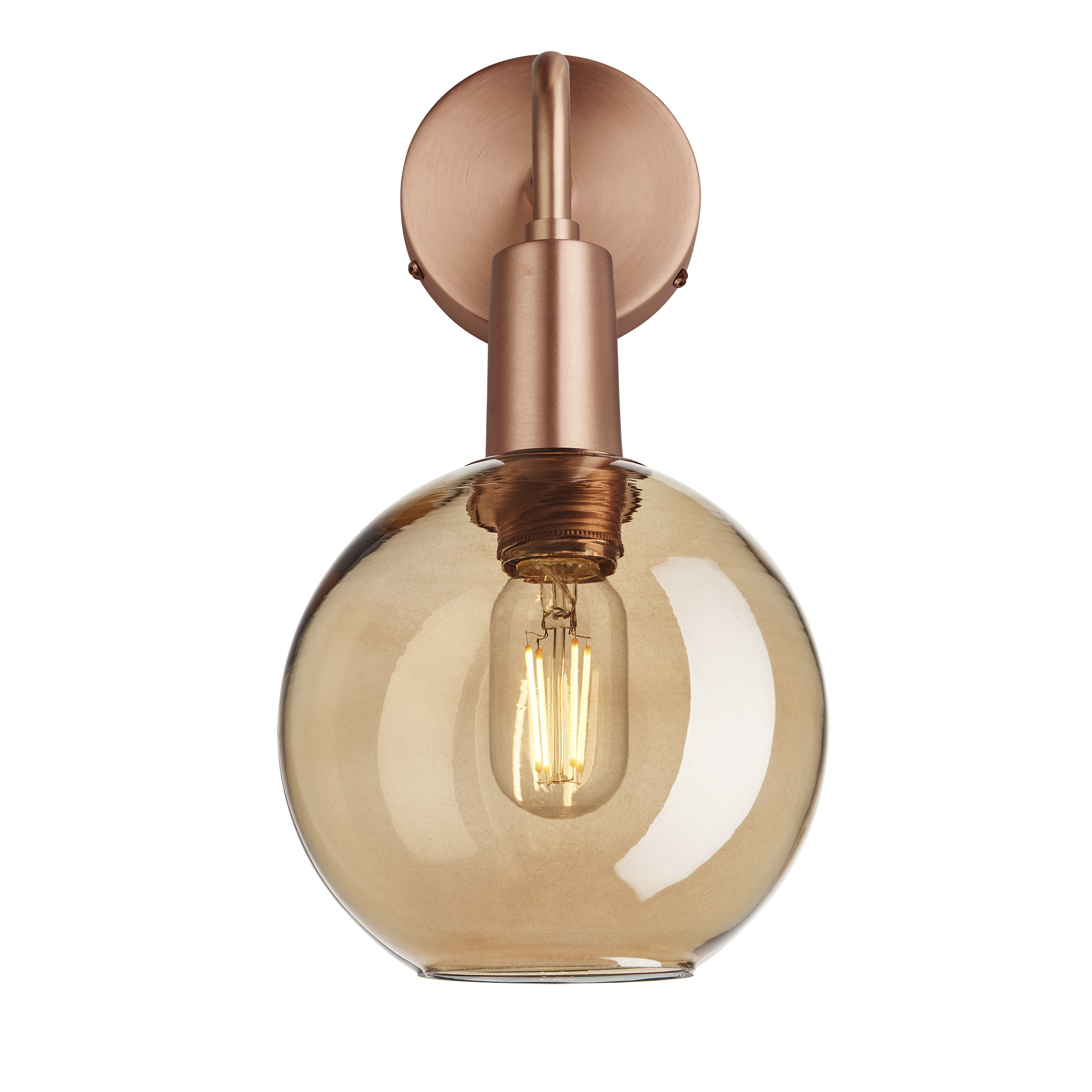 Sleek Tinted Glass Globe Wall Light - 7 Inch - Amber - Copper Holder 