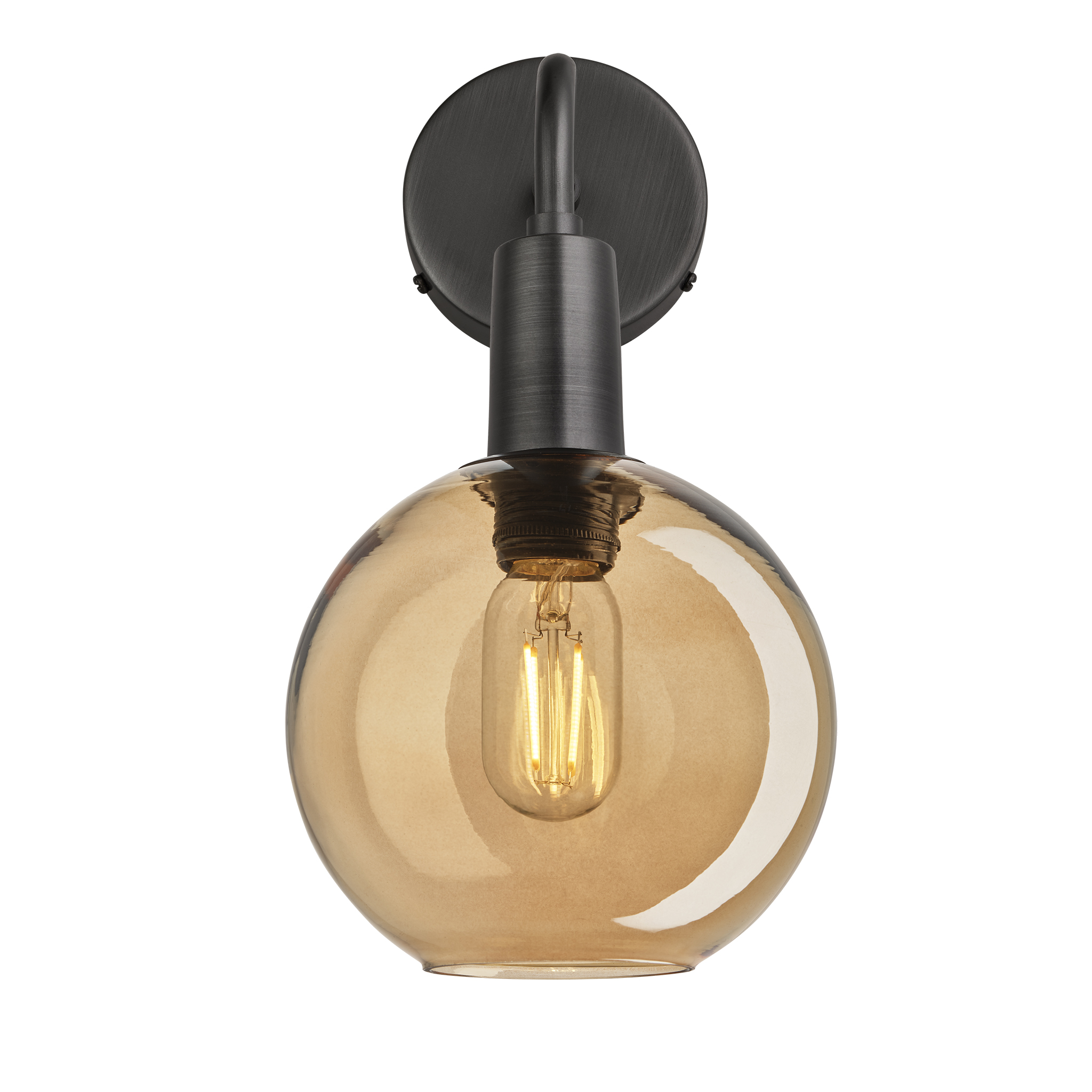 Sleek Tinted Glass Globe Wall Light - 7 Inch - Amber - Pewter Holder 