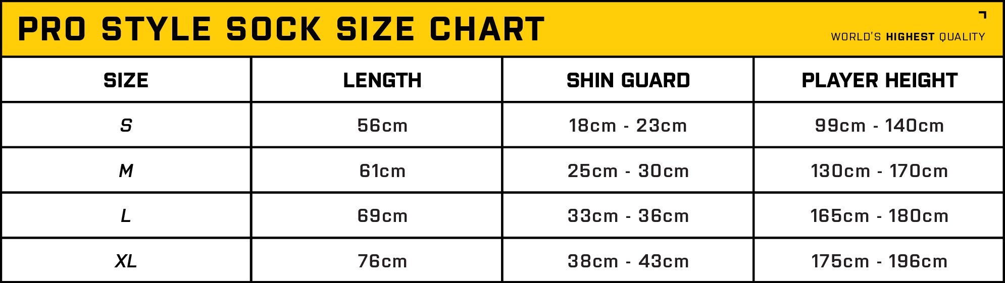 Pro Style Sock size chart