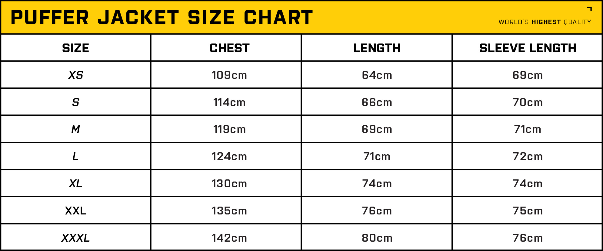 Puffer Jacket size chart