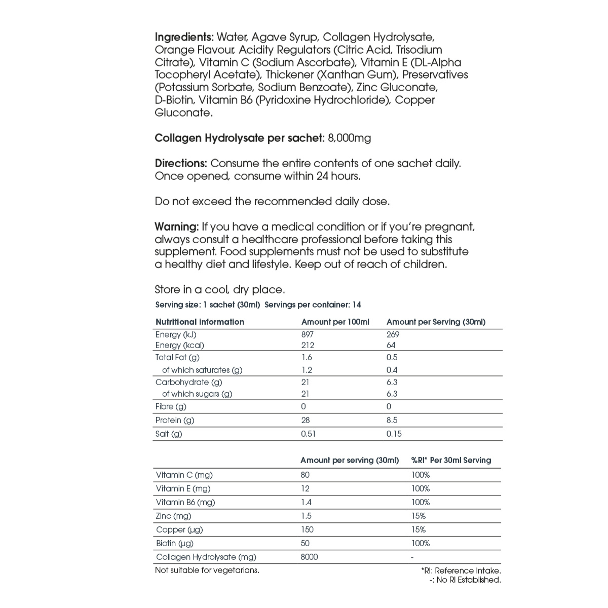 U Perform Active Collagen Gel Nutrition and Ingredients Table