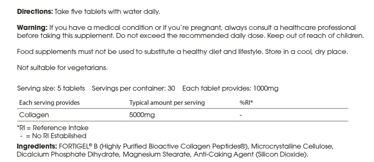 U Perform Active Sport Collagen Tablets Supplement Nutrition and Ingredients Table