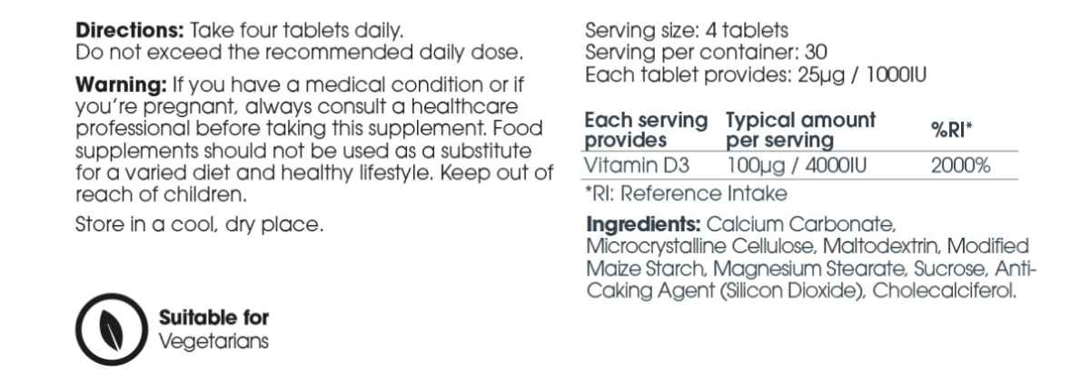 U Perform Active Vitamin D3 Supplement Tablet Nutrition and Ingredients Table