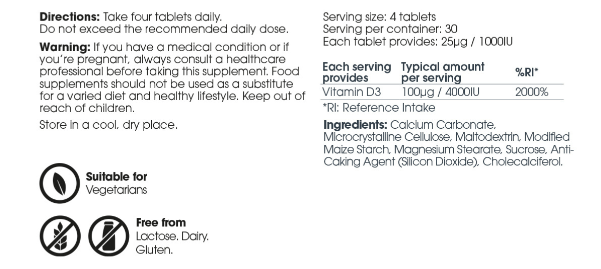 U Perform Active Vitamin D3 Supplement Tablet Nutrition and Ingredients Table
