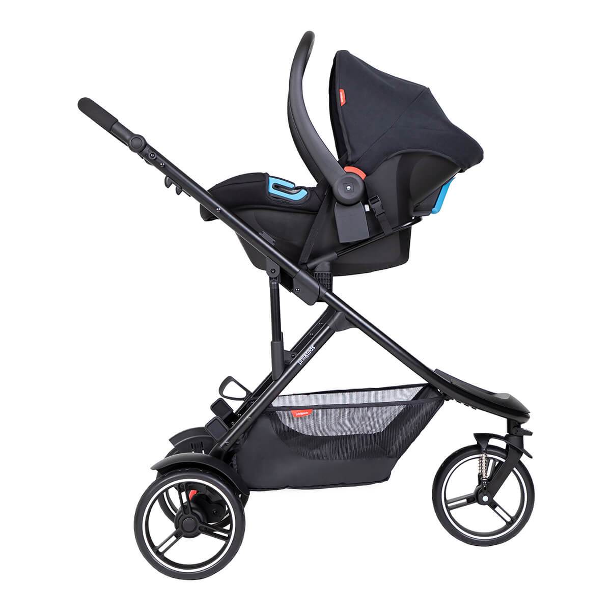 dot™ pram with sling removed and carseat travel system attached - philandteds dot pram and alpha carseat