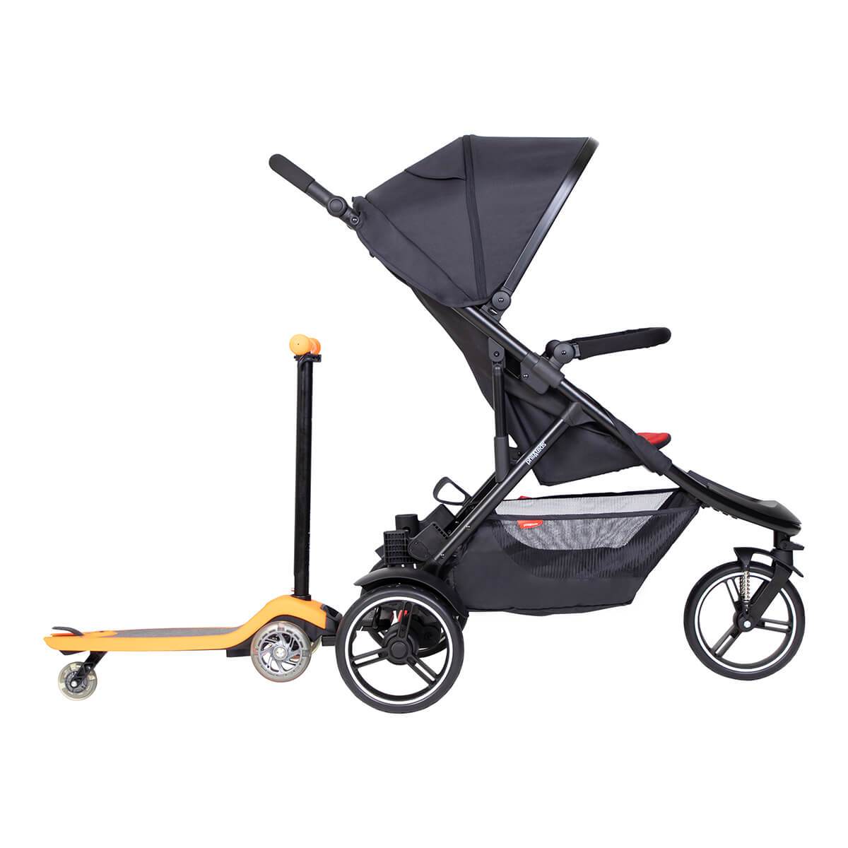 dot pram with toddler in front facing position with freerider scooter board attached - phil&teds