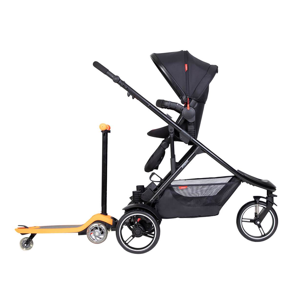 dot pram with toddler in parent facing position with freerider scooter board attached - phil&teds