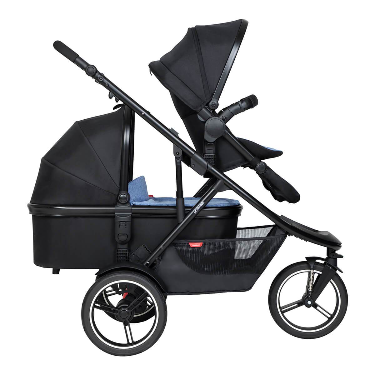 inline pram with second seat for toddler up front and carrycot at rear - philandteds dash