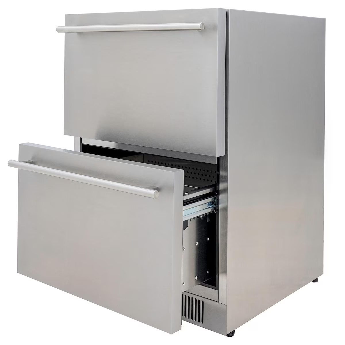 Blaze BLZ-SSRF-DBDR5.1 5.1 Cu. Ft. Outdoor Rated Stainless Steel Double Drawer Refrigerator - Bottom Drawer Open - White Background