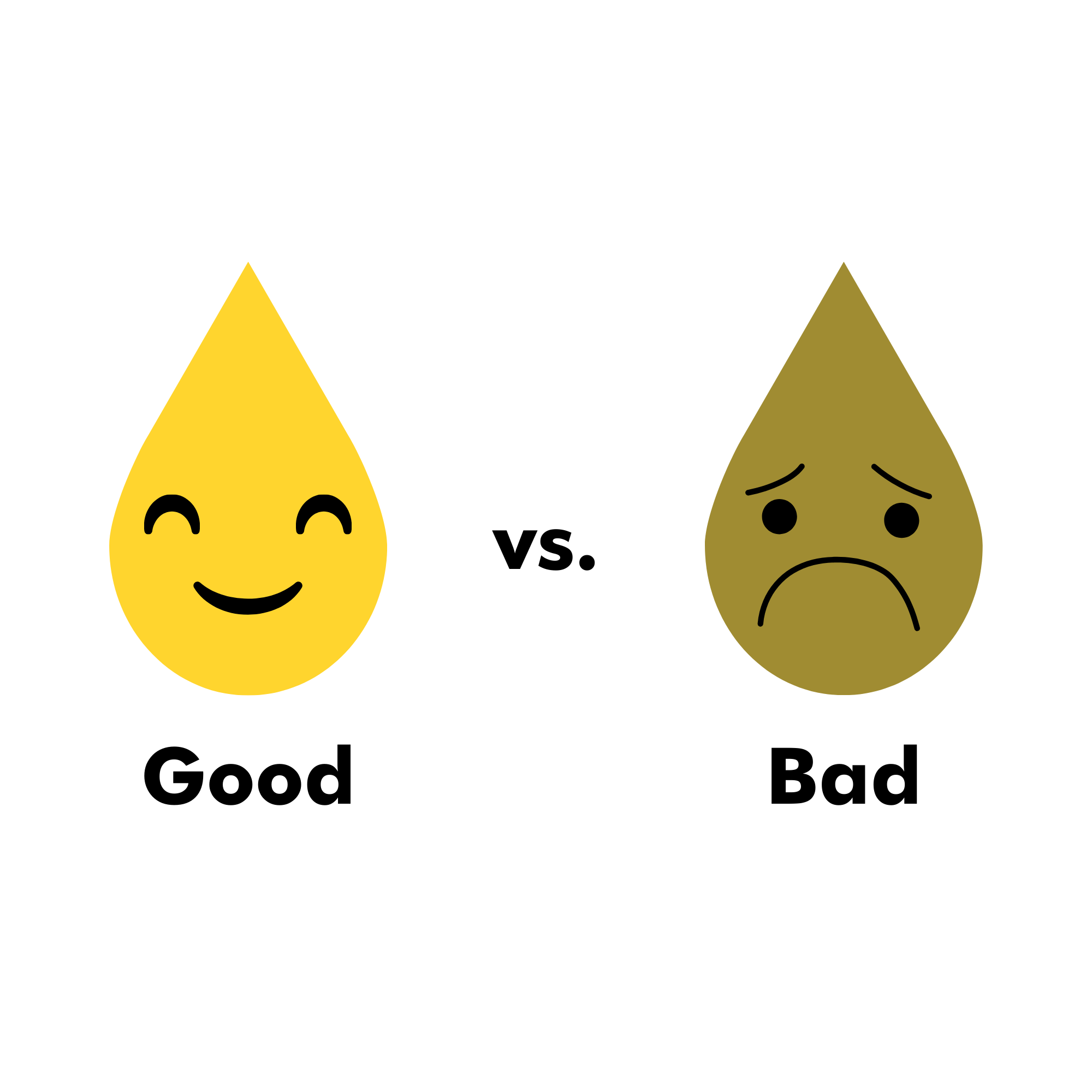 Graphic image showing two sweat drops, one happy sweat drop and one sad sweat drop with text captions. The happy sweat drop is good sweat and the sad sweat drop is bad sweat.
