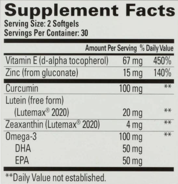 Supplement facts label displaying nutrients in a dietary supplement, including Vitamin E, Zinc, Curcumin, and Omega-3.
