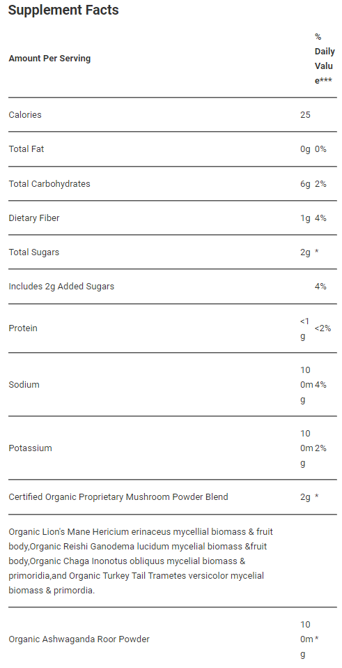Supplement Facts for dietary product featuring organic mushroom and Ashwagandha powders, promoting health and wellness.