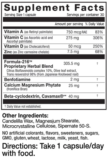 Supplement facts label featuring vitamins A, C, D, magnesium, zinc, and Formula-216™ with daily use instructions included.