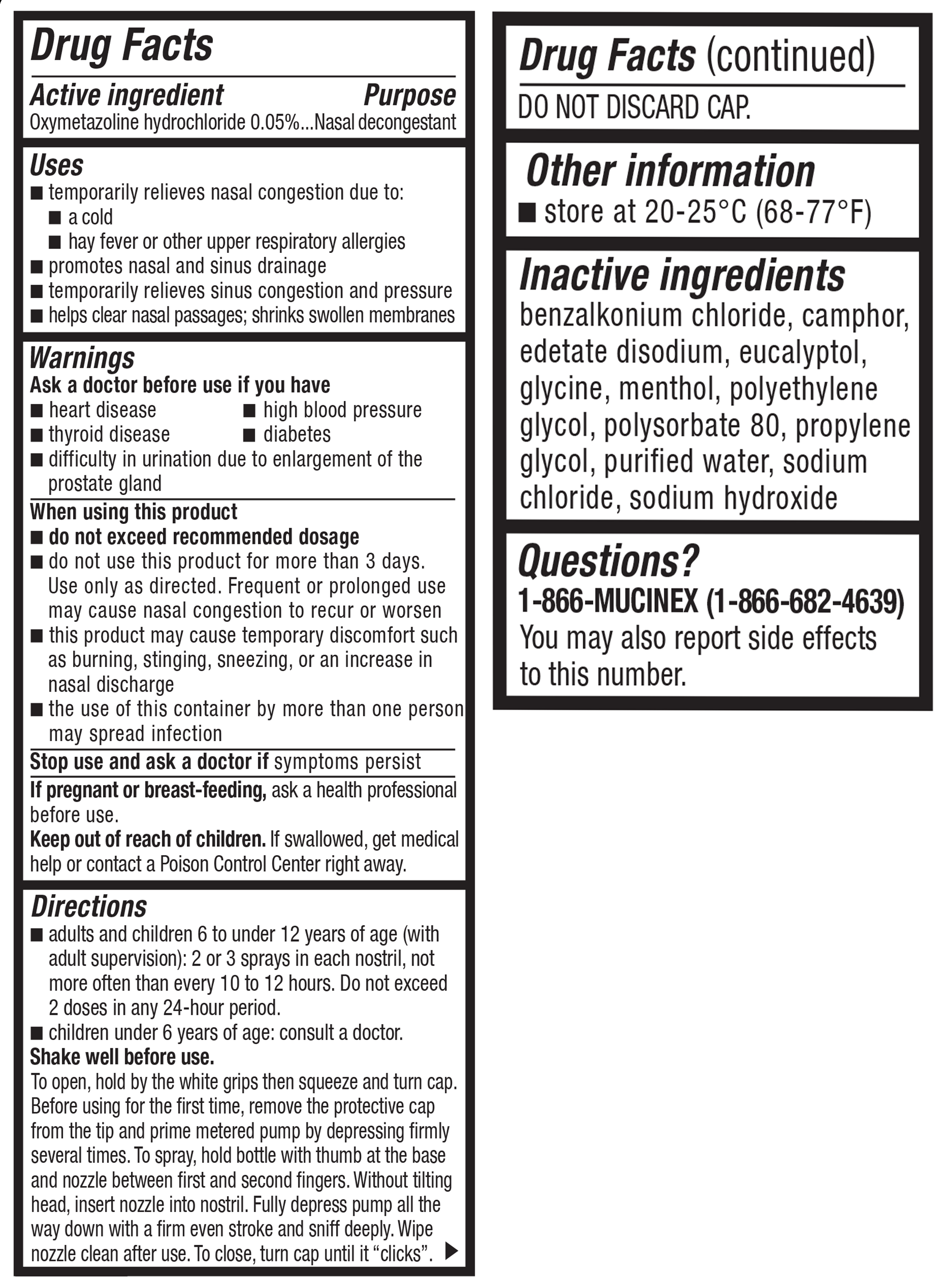 Nasal congestion relief product with Oxymetazoline hydrochloride 0.05% and important usage warnings.