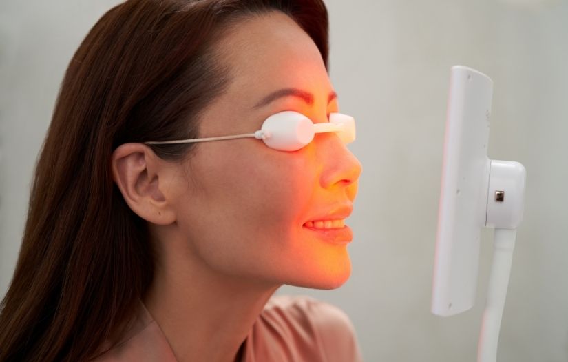 woman using goggles during red light therapy