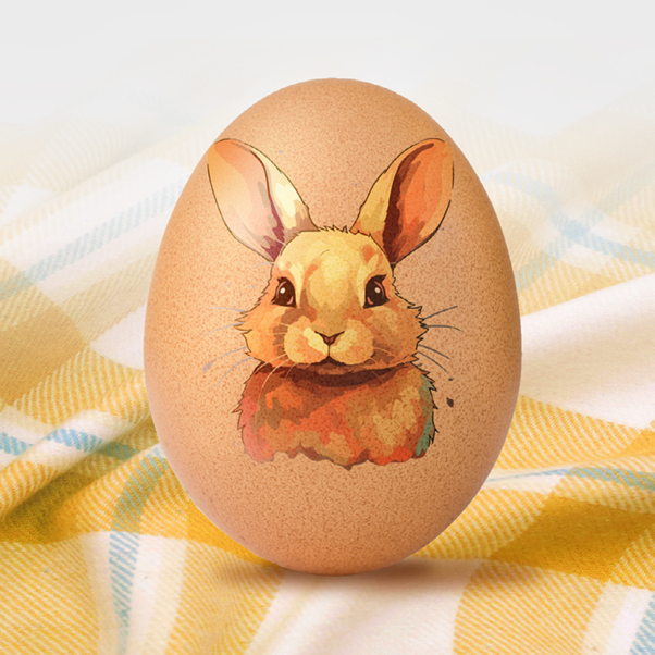 An egg painted with an Easter Bunny design in acrylic paint.
