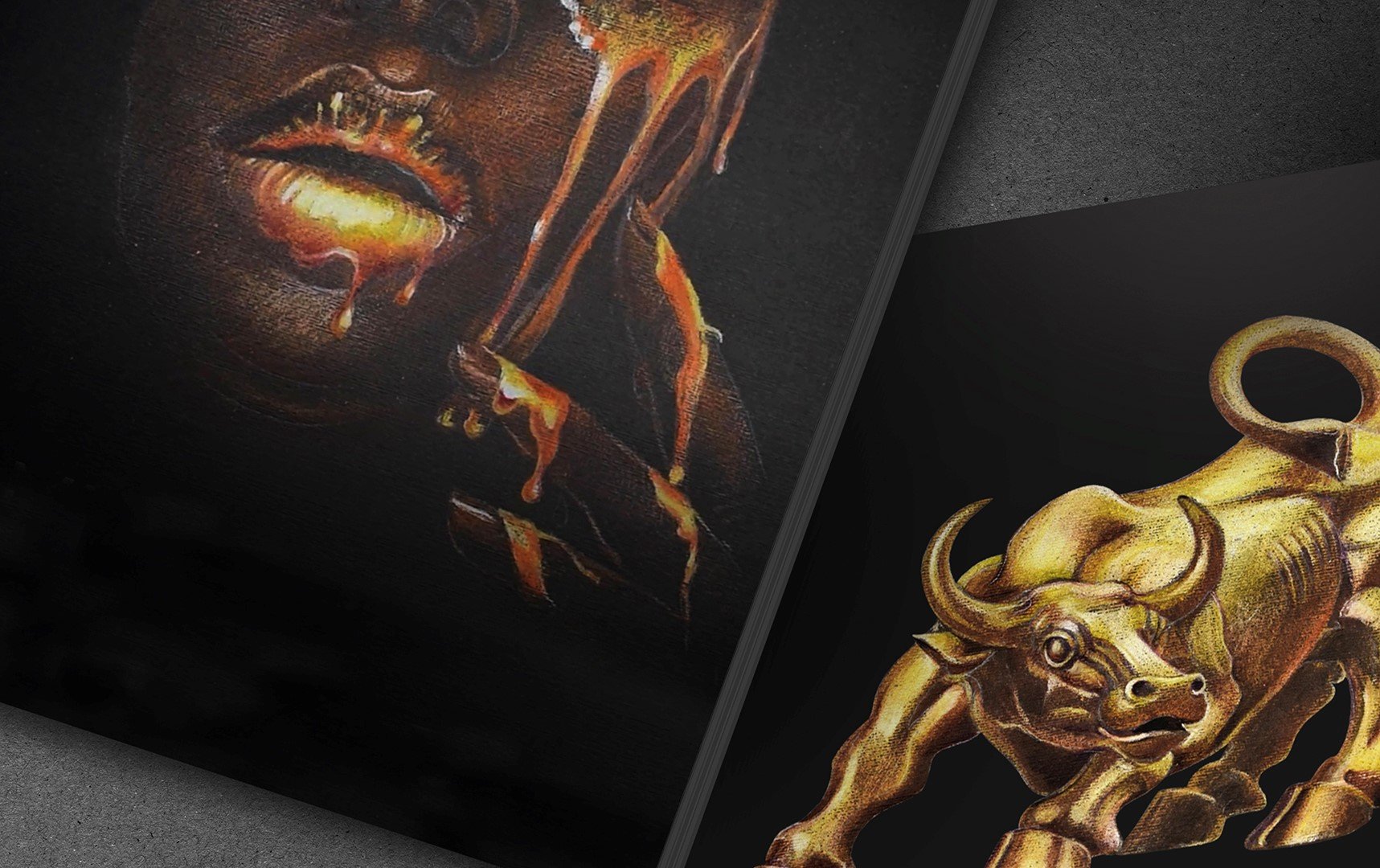 Two pieces of black paper with illustrations on each. One shows a portrait with metallic orange liquid drips on the face, and the other is of a metallic gold bull that contrasts against the black background.