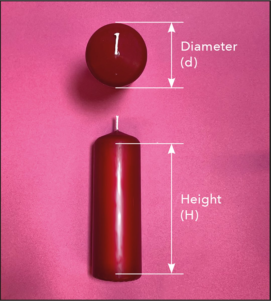 Two pillar candles, one stood up and the other lying on its side to demonstrate diameter and height.