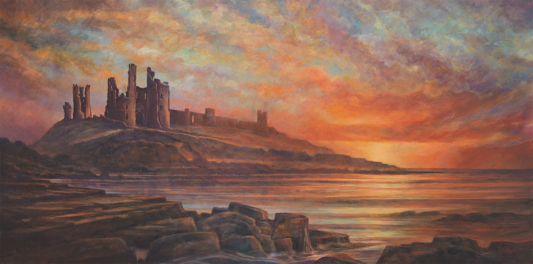 Oil painting of Dunstanburgh Castle titled 'Dunstanburgh Dawn'.