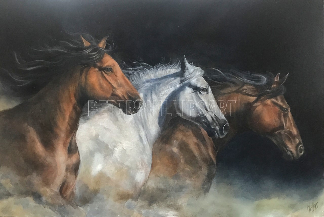 Oil painting of Red Rum, Arkle, and Desert Orchid titled 'National Treasures'.
