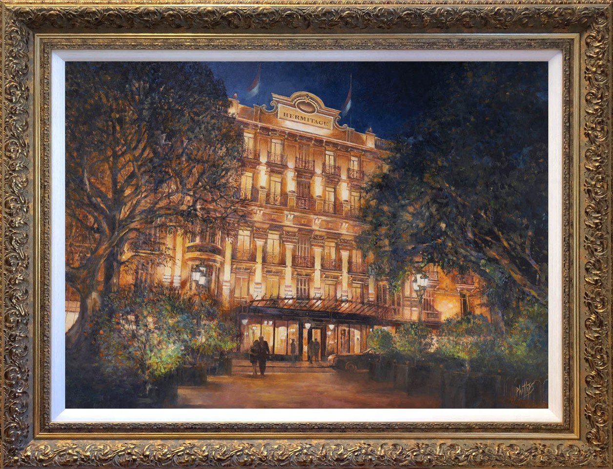 Painting of The Hermitage at nighttime.