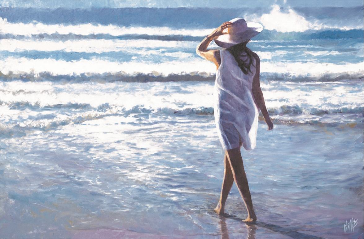 Oil painting titled 'Woman on Beach'.