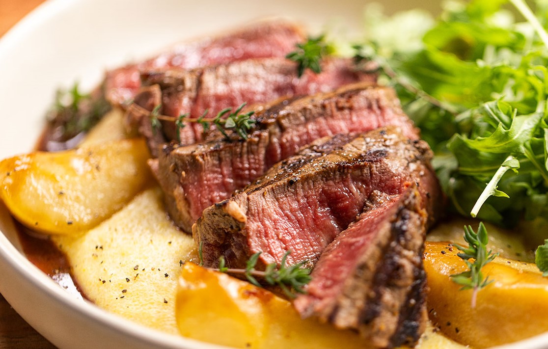 Silver Fern Farms Beef Tenderloin Steaks with Creamy Polenta, Red Wine Jus and Caramelized Pears Recipe