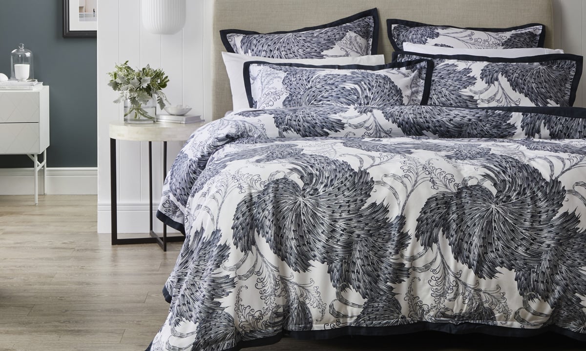 Private Collection - Sago Quilt Cover Set Range Ink, The design features overscaled hand drawn elements in bold navy and crisp white, printed on a luxurious cotton sateen.